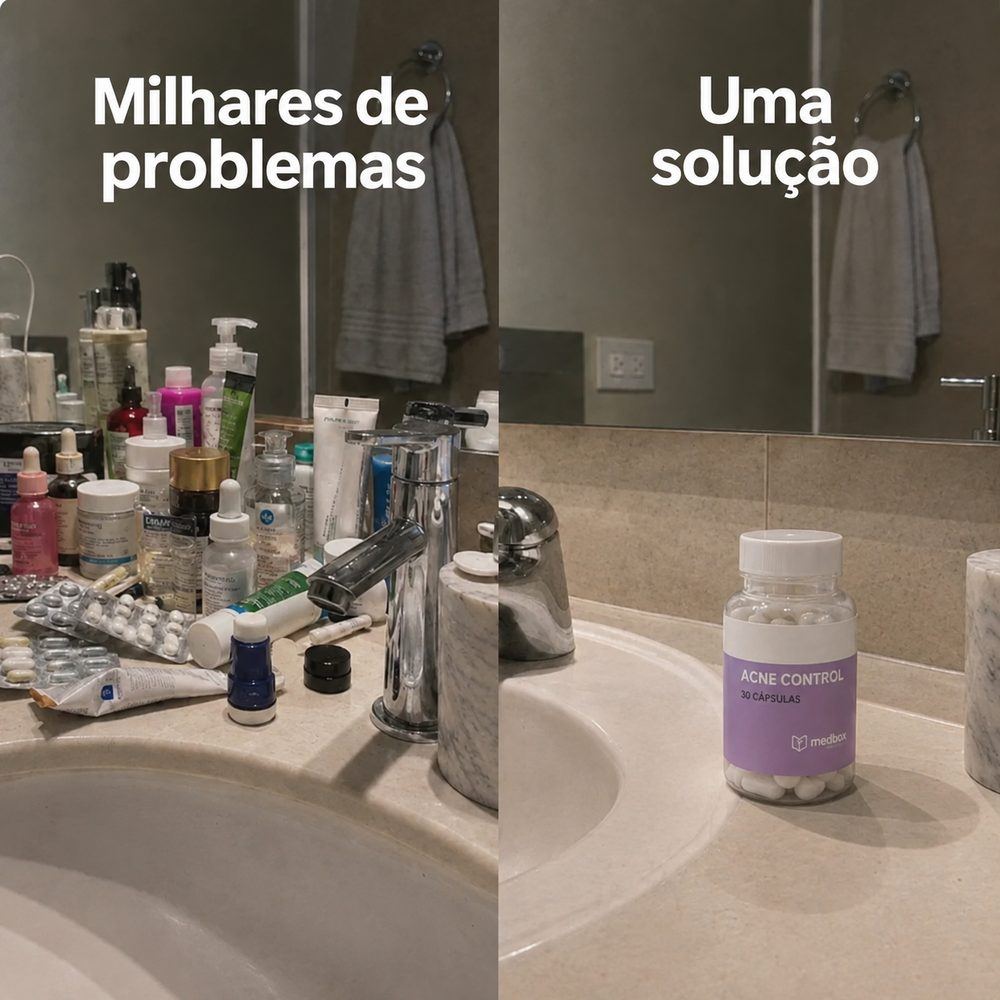 Pia cheia de produtos de skincare ao lado de um único frasco de Acne Control
